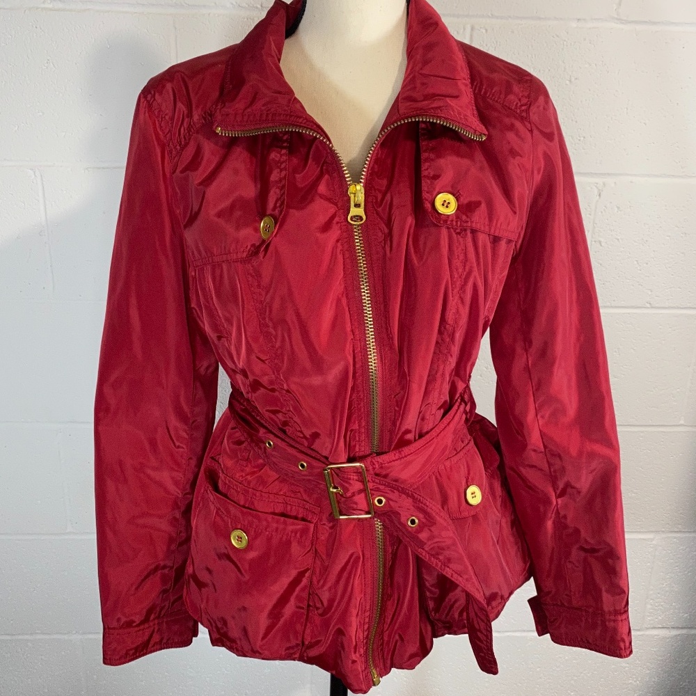 Forever 21 Red with Gold Accents Zip Up Belted Jacket